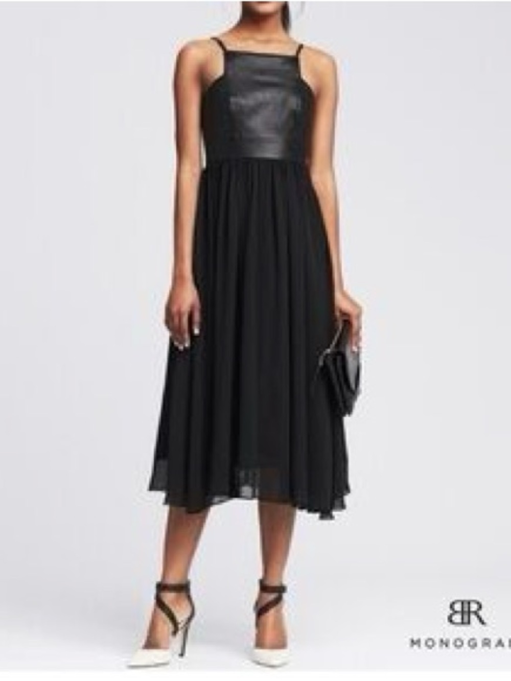 BR Monogram Black Lamb Leather Chiffon Midi Dress Square Neck Gothic Cocktail 0